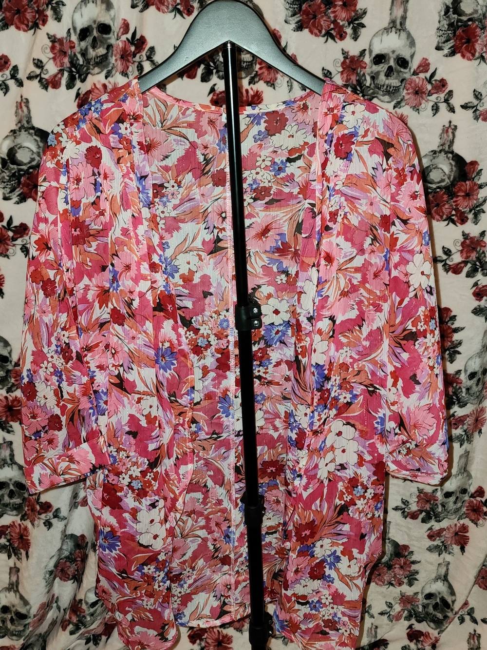 Pink Floral Open-Front Women's Jacket With Glitter Like Sparkle